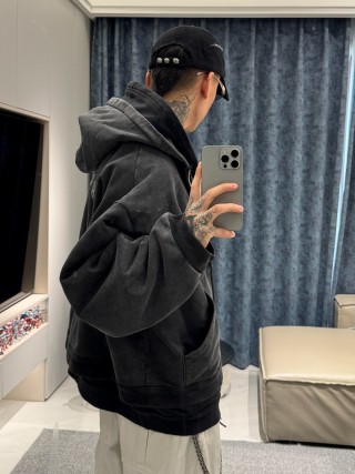 Charcoal Washed Denim Zip Hoodie Jacket view 5