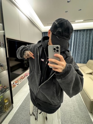 Charcoal Washed Denim Zip Hoodie Jacket view 6
