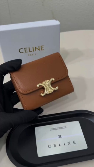 Celine Triomphe Compact Wallet Tan Leather