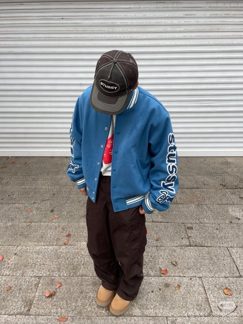 Blue Varsity Bomber Jacket with Embroidered Sleeves