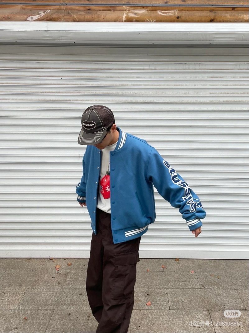 Blue Varsity Bomber Jacket with Embroidered Sleeves view