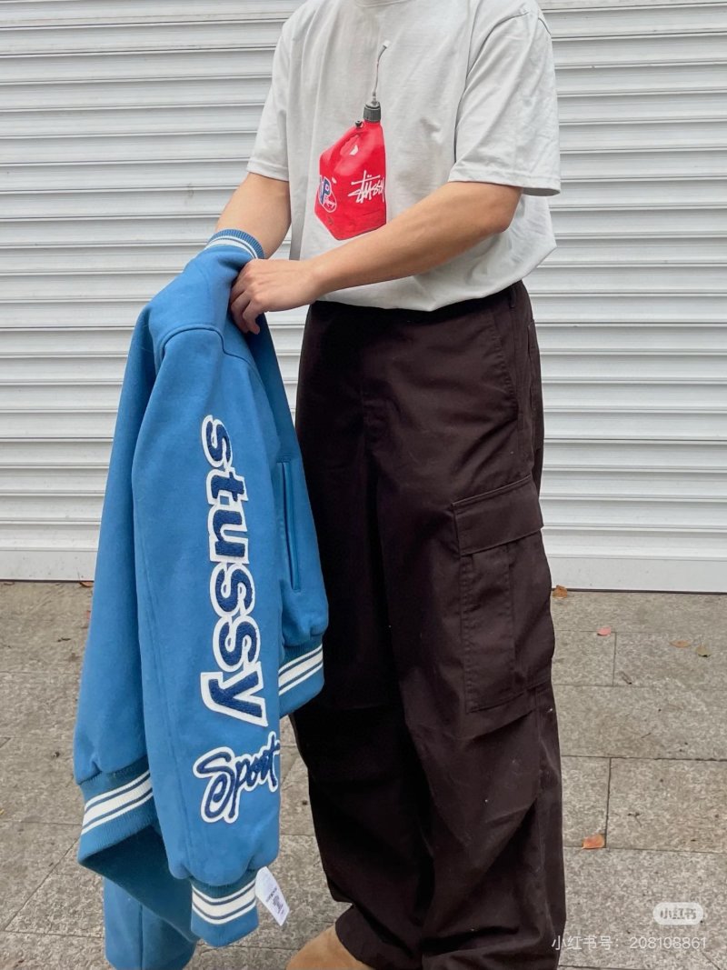 Blue Varsity Bomber Jacket with Embroidered Sleeves view