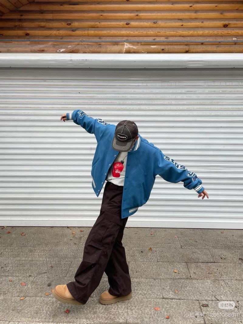 Blue Varsity Bomber Jacket with Embroidered Sleeves view