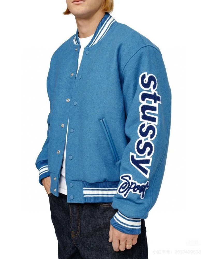Blue Varsity Bomber Jacket with Embroidered Sleeves view
