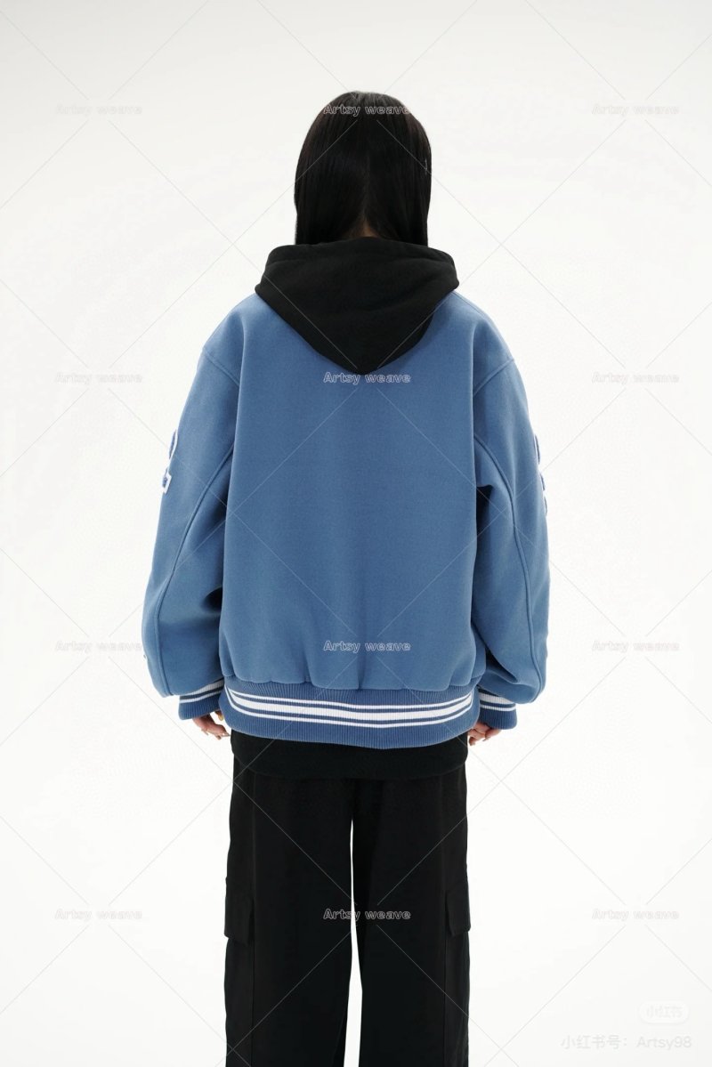 Blue Varsity Bomber Jacket with Embroidered Sleeves view