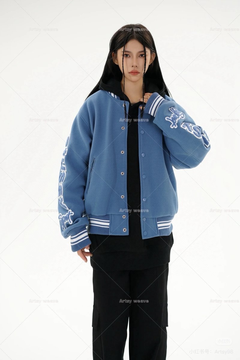Blue Varsity Bomber Jacket with Embroidered Sleeves view