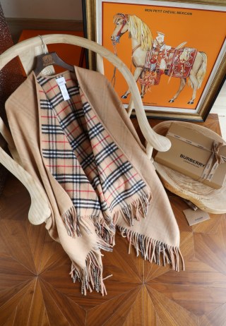 Burberry Camel Cashmere Check Cape Shawl view 7