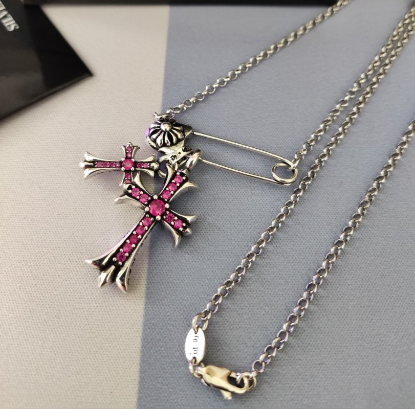 Chrome Hearts Silver Vintage Cross Crystal Pendant Necklace