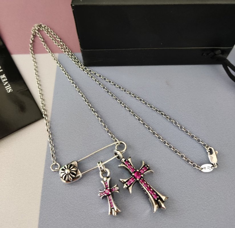 Chrome Hearts Silver Vintage Cross Crystal Pendant Necklace view