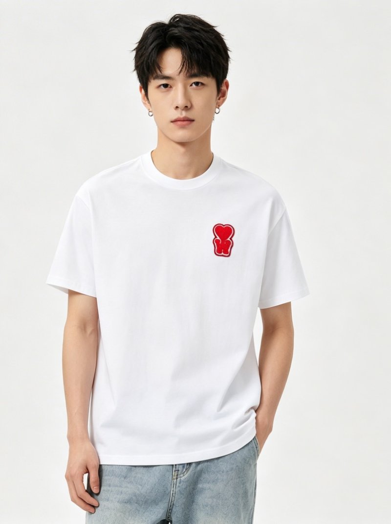 White Short Sleeve T-Shirt with Red Bear Logo
