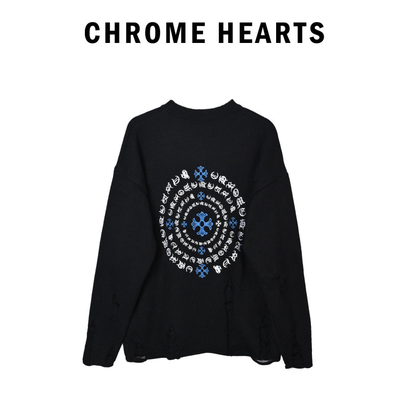 Chrome Hearts Black Knit Cardigan with Blue Cross Motif view