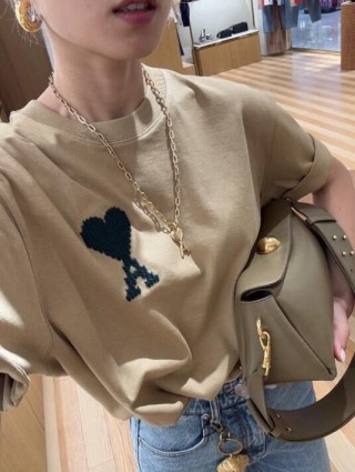 Ami Heart Logo T-Shirt Tan view 4