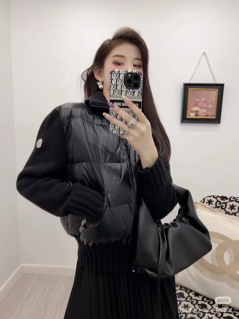 Black Puffer Down Jacket with Knit Sleeves