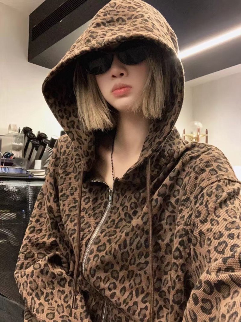 Leopard Print Hooded Zip Jacket - Beige & Black