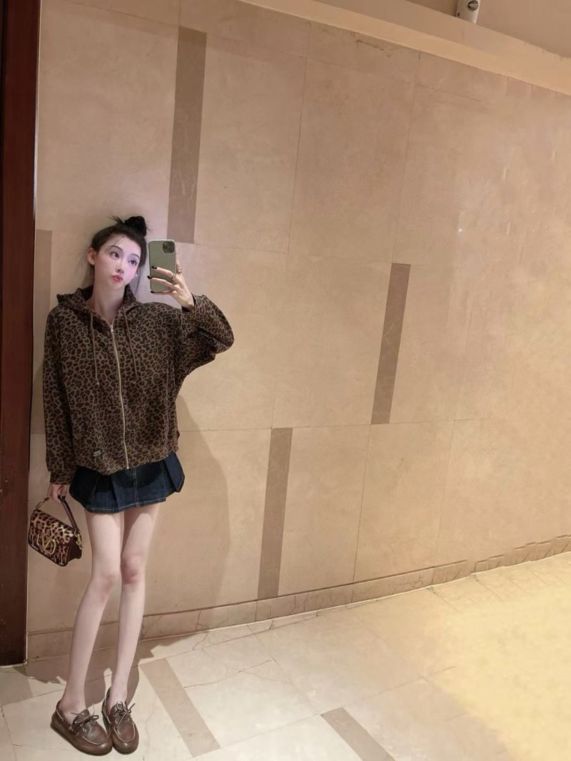 Leopard Print Hooded Zip Jacket - Beige & Black view