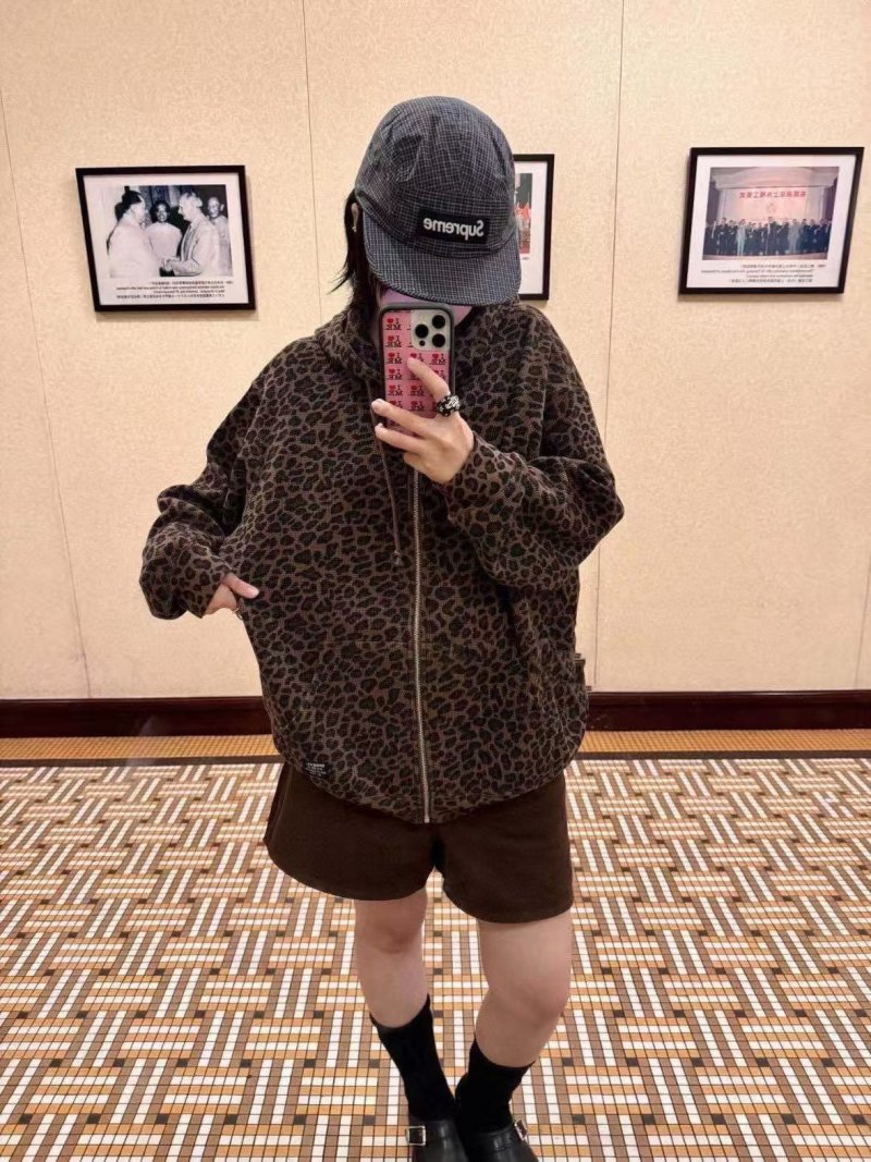 Leopard Print Hooded Zip Jacket - Beige & Black view