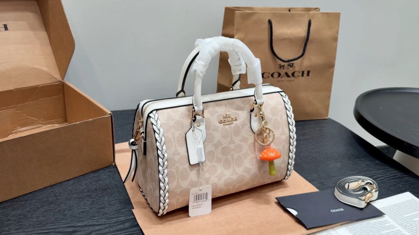 Coach Cream Leather Boston Bag with Braided Handles