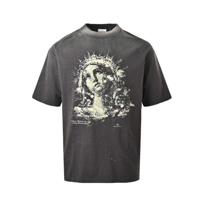 Distressed Vintage Religious Portrait Graphic T-Shirt Black view