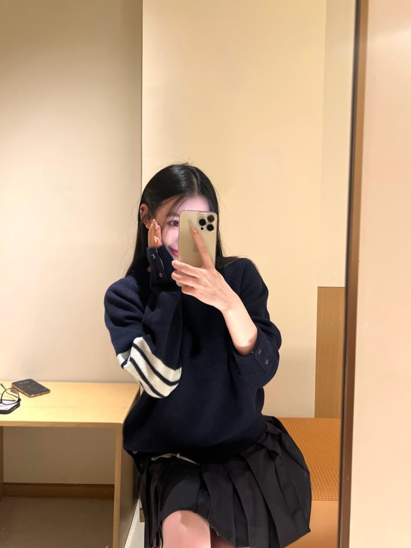 Navy Striped Sleeve Knit Sweater view