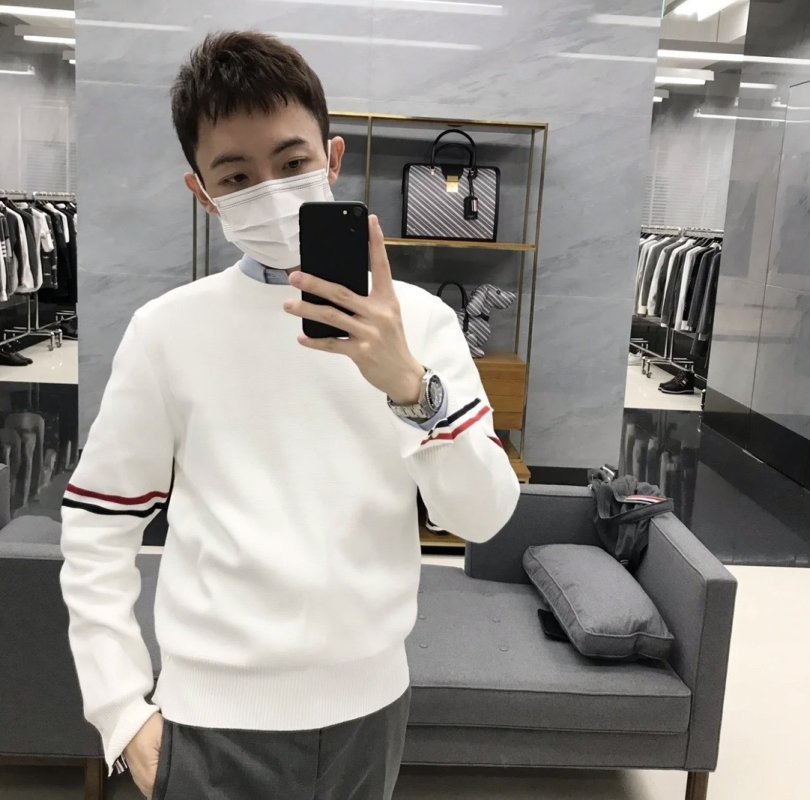 Thom Browne Classic Dual Sleeve Stripe Crewneck Sweater White view