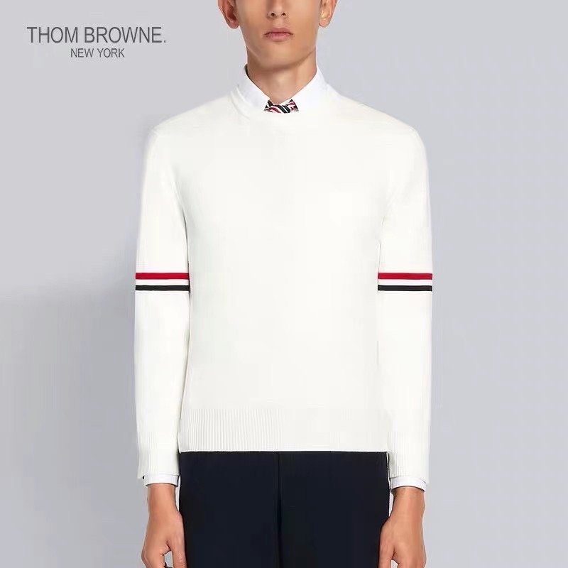 Thom Browne Classic Dual Sleeve Stripe Crewneck Sweater White view