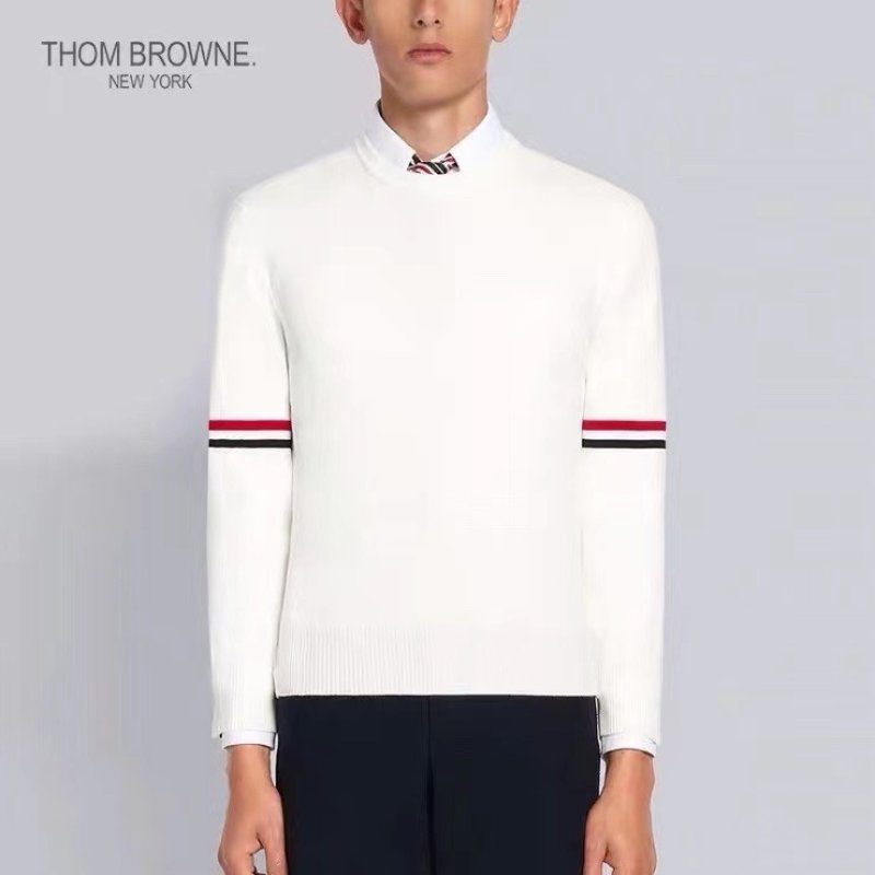 Thom Browne Classic Dual Sleeve Stripe Crewneck Sweater White view