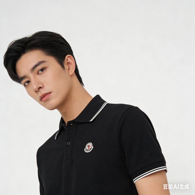 Moncler Black Polo Shirt with Striped Trim
