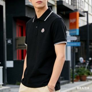 Moncler Black Polo Shirt with Striped Trim view 3