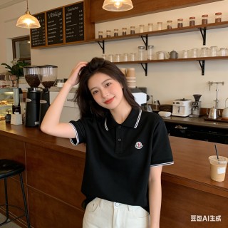 Moncler Black Polo Shirt with Striped Trim view 4