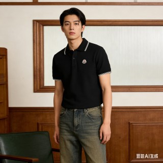 Moncler Black Polo Shirt with Striped Trim view 5