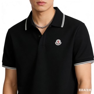 Moncler Black Polo Shirt with Striped Trim view 6