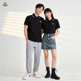 Moncler Black Polo Shirt with Striped Trim view 9