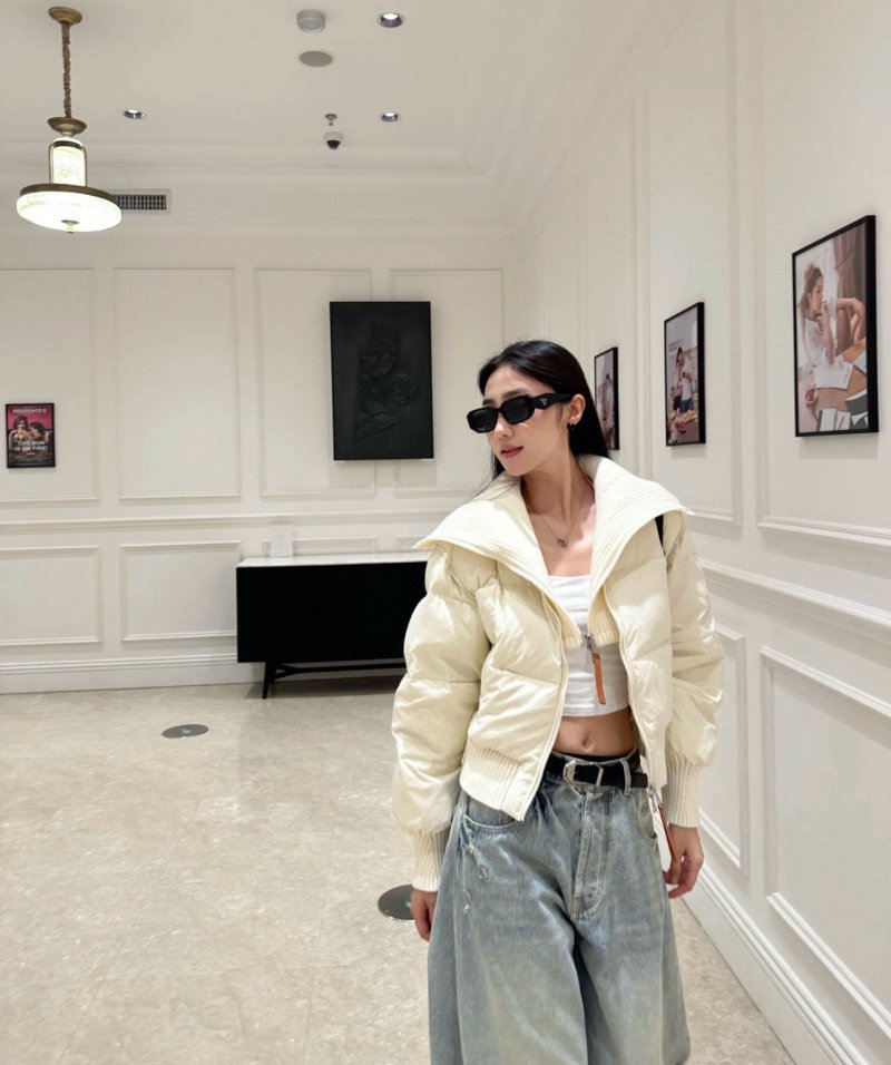 Women's Cream Puffer Down Jacket with Ribbed Collar view