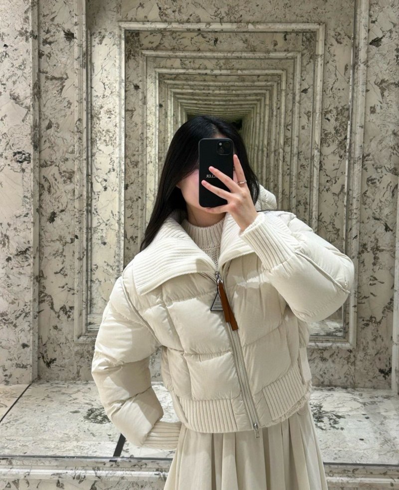 Women's Cream Puffer Down Jacket with Ribbed Collar view