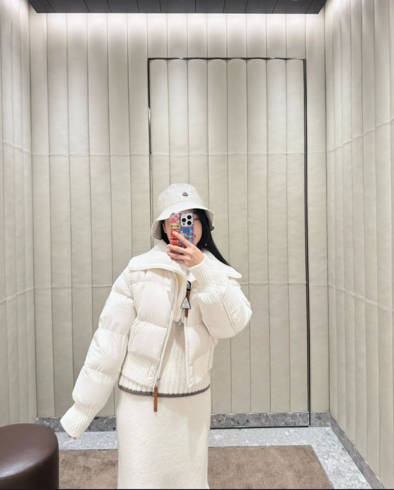 Women's Cream Puffer Down Jacket with Ribbed Collar view