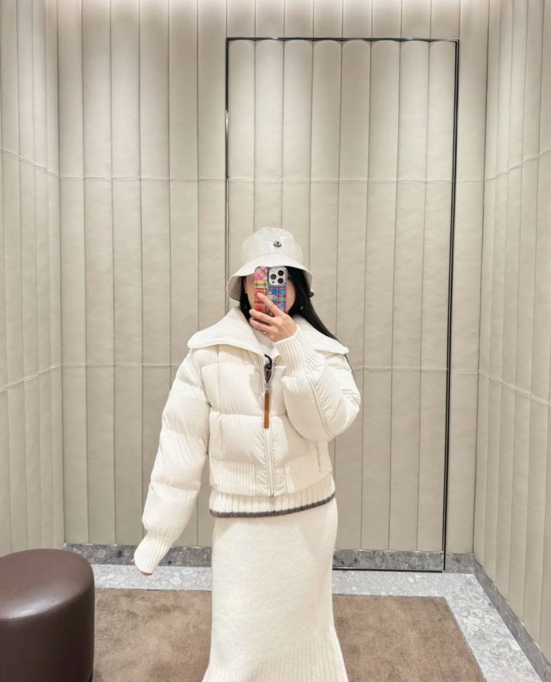 Women's Cream Puffer Down Jacket with Ribbed Collar view