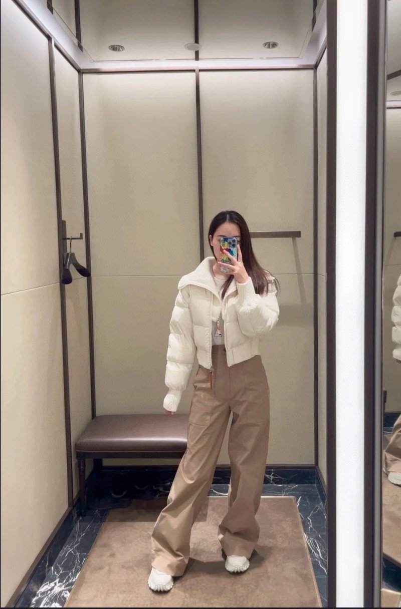Women's Cream Puffer Down Jacket with Ribbed Collar view
