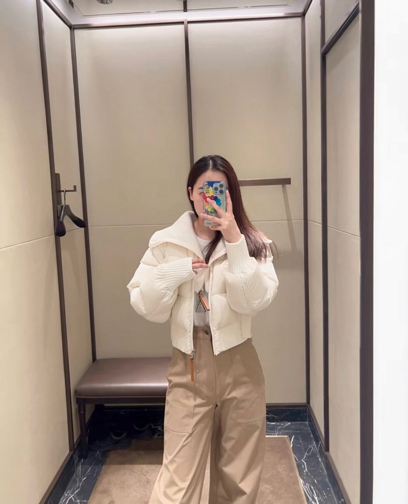 Women's Cream Puffer Down Jacket with Ribbed Collar view