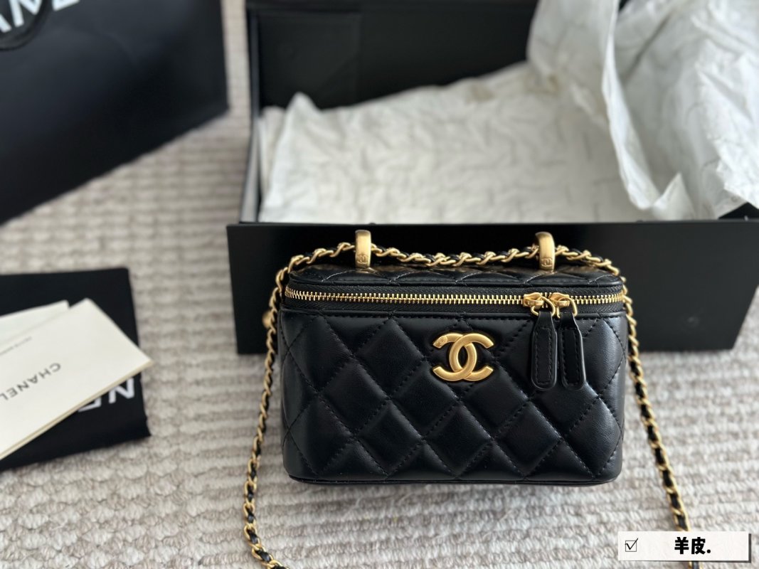 Chanel Black Quilted Vanity Case Box Bag with Gold Chain Strap