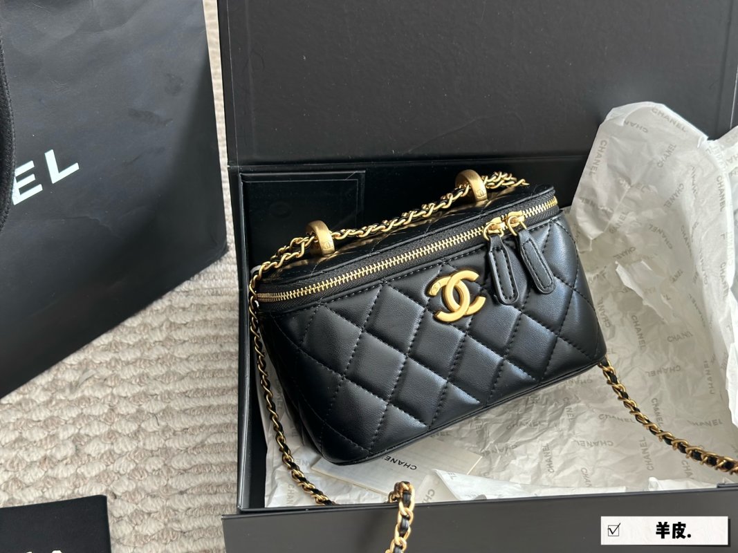 Chanel Black Quilted Vanity Case Box Bag with Gold Chain Strap view