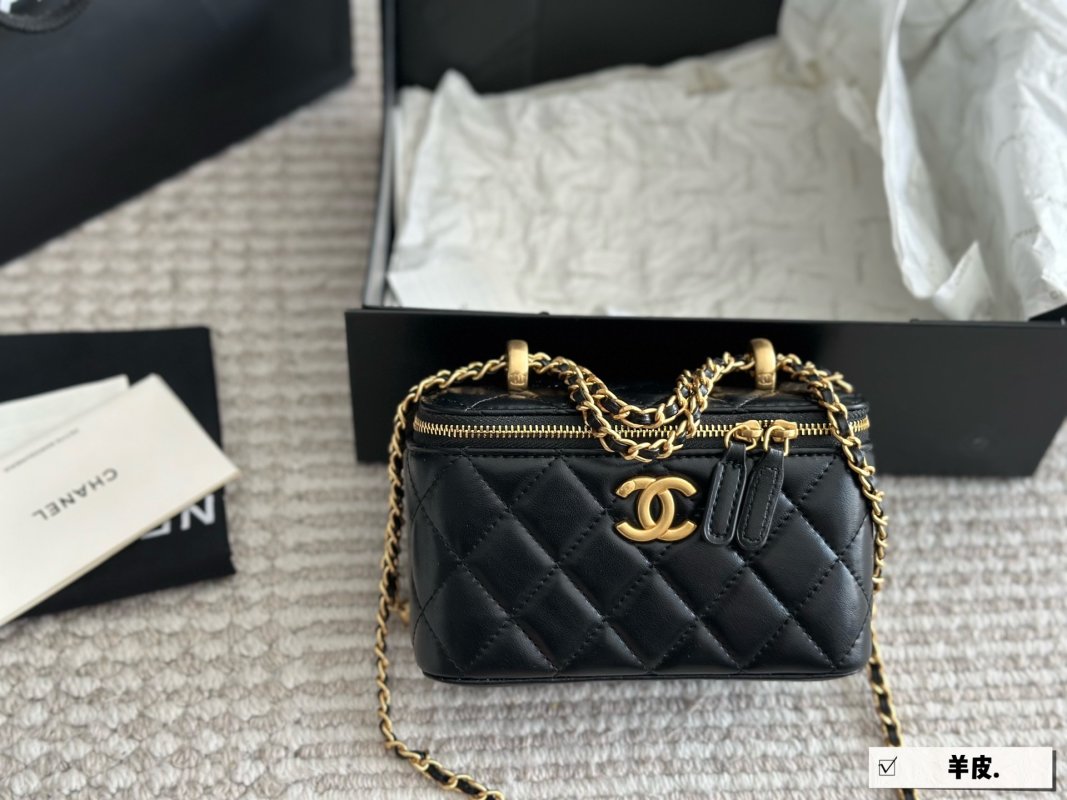 Chanel Black Quilted Vanity Case Box Bag with Gold Chain Strap view