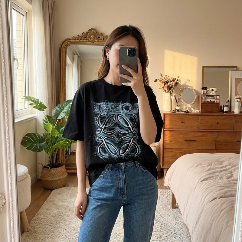 Black Graphic Print Short Sleeve T-Shirt with Blue Ornamental Design