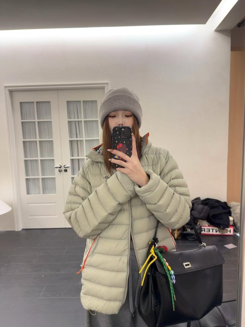 Sage Green Puffer Down Jacket with Orange Trim view