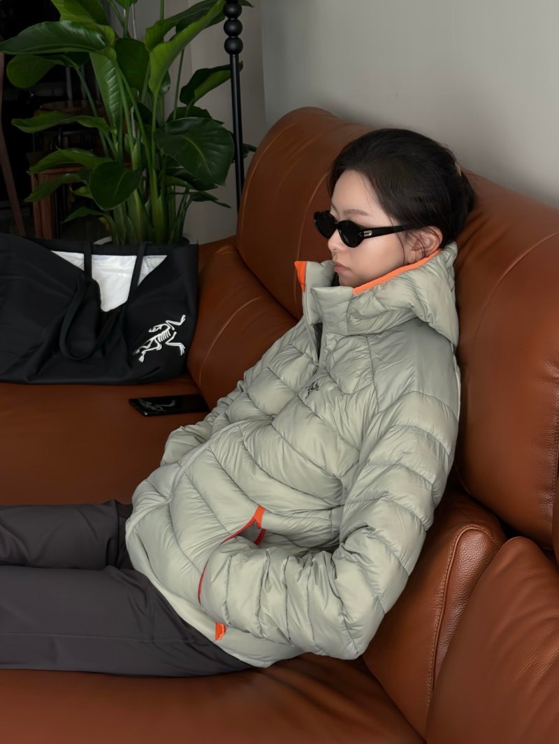 Sage Green Puffer Down Jacket with Orange Trim view