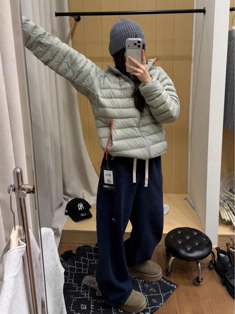 Sage Green Puffer Down Jacket with Orange Trim view