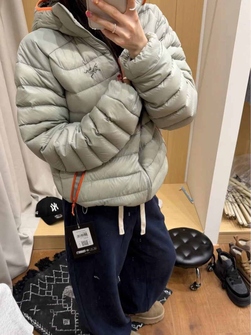 Sage Green Puffer Down Jacket with Orange Trim view