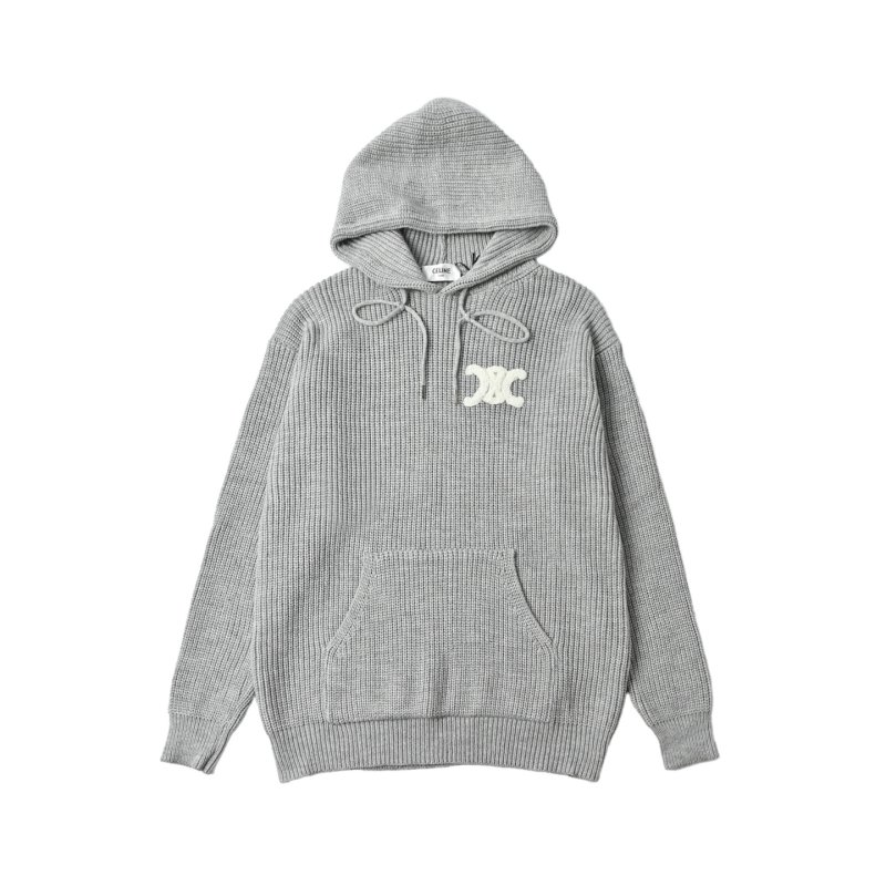 Grey Ribbed Knit Hoodie with Embroidered Logo view
