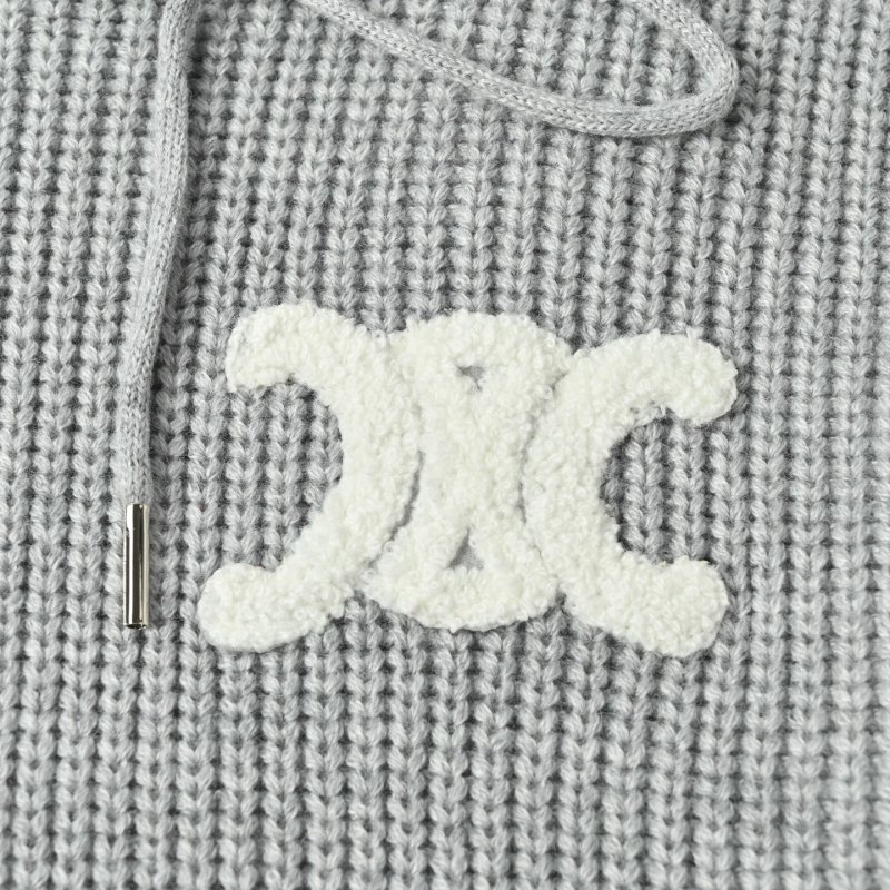 Grey Ribbed Knit Hoodie with Embroidered Logo view