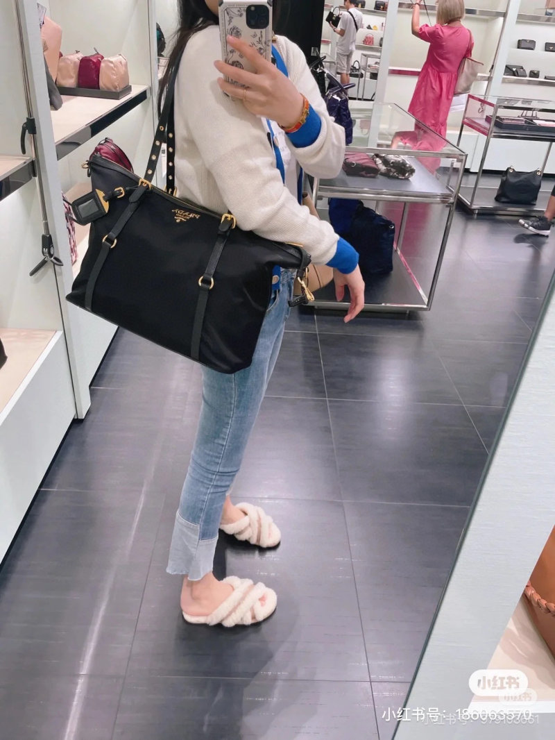 Prada Black Nylon Top Handle Tote Bag with Gold Hardware