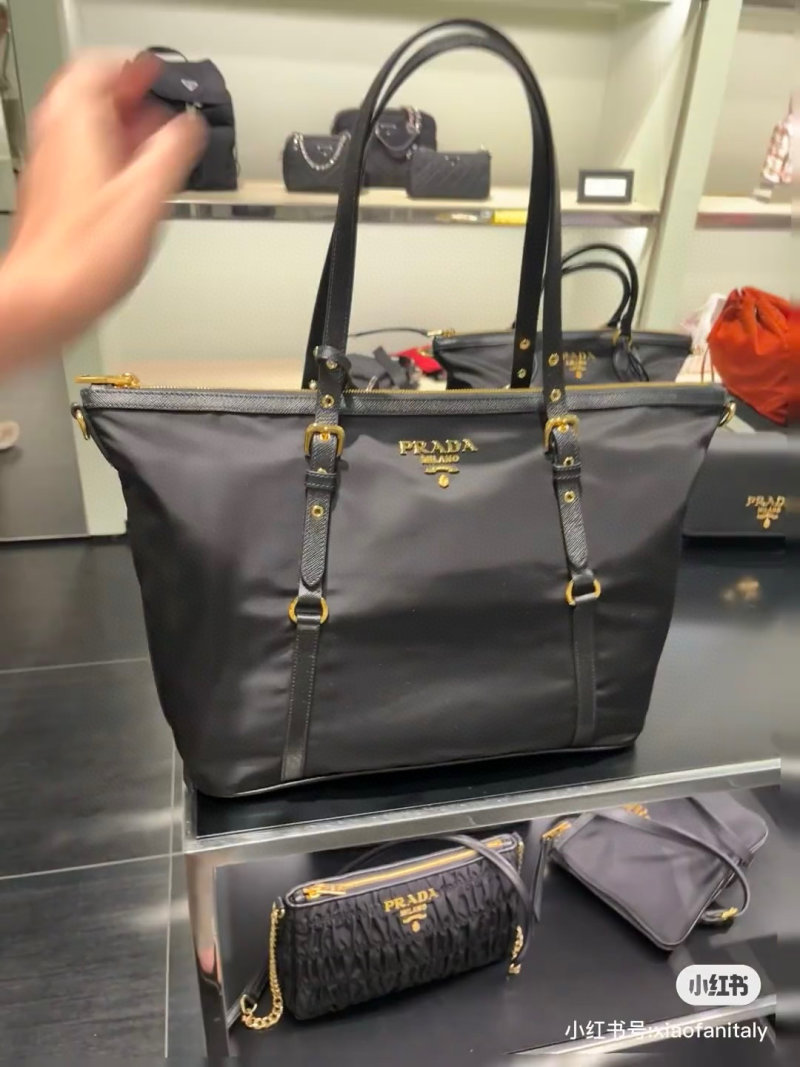 Prada Black Nylon Top Handle Tote Bag with Gold Hardware view